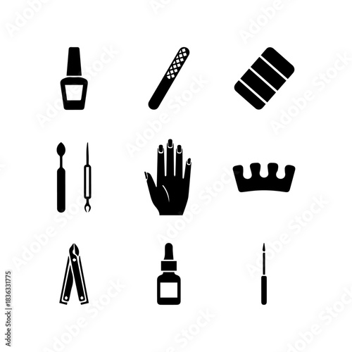 A minimal, black and white icon set featuring 9 silhouettes of essential nail care and manicure tools, including polish, file, buffer, clipper, hand, and cuticle oil.