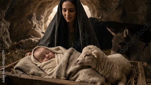 Virgin Mary looking at baby Jesus in manger with lamb, donkey, and ox in a cave, Christian Christmas nativity scene.