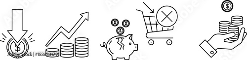 Set of financial icons depicting money growth, savings, shopping cart cancellation, and investment with coins and hand
