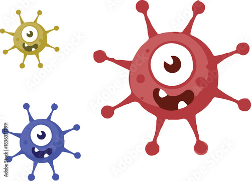 Three cartoon microbes or germs, colored red, blue, and yellow, with one eye, spiky appendages, and smiling faces.