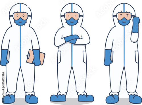 Three cartoon figures wearing white hazmat suits, blue gloves, goggles, and masks, in different poses: holding clipboard, arms crossed, and raising hand.