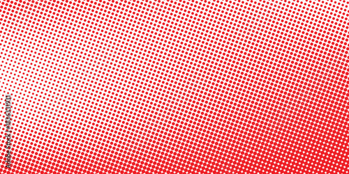 Red color halftone gradient texture. Vanishing cartoon polka dot background. Repeating dotted gradation pattern. Fading comic pop art overlay backdrop. Raster halftone effect wallpaper. Vector