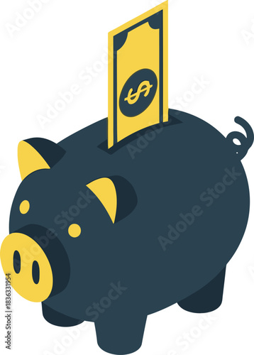 A black piggy bank with a dollar bill inserted, representing savings and finance.