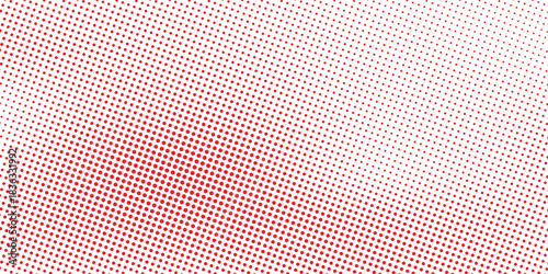 Red color halftone gradient texture. Vanishing cartoon polka dot background. Repeating dotted gradation pattern. Fading comic pop art overlay backdrop. Raster halftone effect wallpaper. Vector