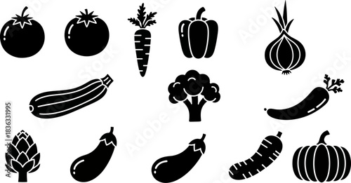 Set of fresh vegetable icons in silhouette style, including tomato, carrot, bell pepper, onion, broccoli, zucchini, eggplant, artichoke, and pumpkin