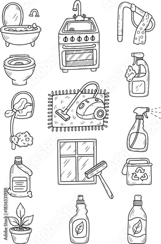 Set of hand-drawn cleaning supplies and household items in a doodle style, isolated on a white background