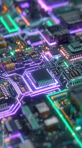Circuit board with neon lights technology digital illustration