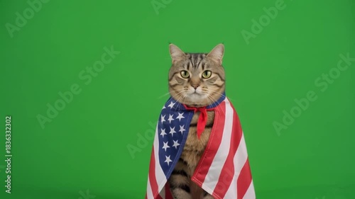 Cat wrapped in american flag on green screen
