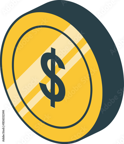 Isometric illustration of a shiny gold coin with a dollar sign symbol.