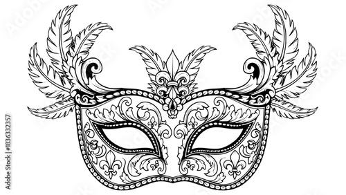 Elegant Venetian carnival mask, ornate patterns, feathers details, black and white vector, clean lines, symmetrical, isolated on white background