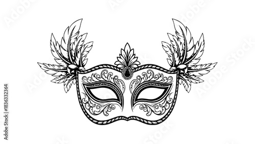 Elegant Venetian carnival mask, ornate patterns, feathers details, black and white vector, clean lines, symmetrical, isolated on white background