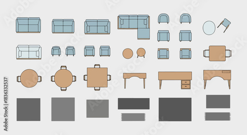 Set of top-down view furniture icons for interior design planning and architectural visualization, including sofas chairs tables and rugs