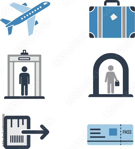 Set of travel icons including an airplane, suitcase, security scanner, gate, boarding pass, and barcode for airport and travel services