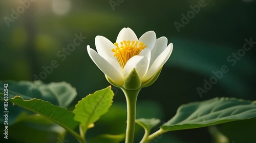 Close up of a pink bud and green leaves in soft focus
