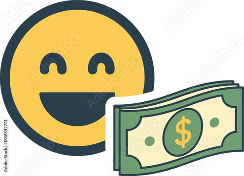 Emoji face eating money, illustration of greed and financial success.