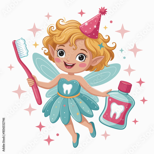 A cheerful cartoon tooth fairy holds a toothbrush and mouthwash bottle, promoting dental care and good hygiene habits in a whimsical and playful manner.