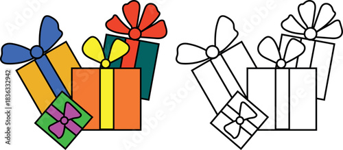 Coloring page with gifts box isolated on white background