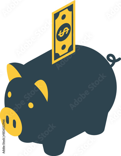 A dark blue piggy bank with a yellow dollar bill being inserted into the slot.