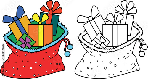 Coloring page with sack with gifts. Santa's bag isolated on white background