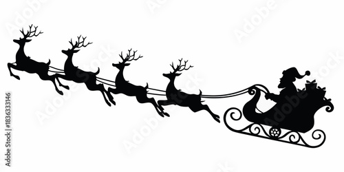 Christmas Santa Claus's flying sleigh with reindeer carrying presents illustration in black silhouette.