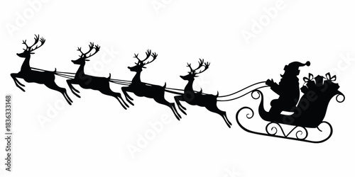 Christmas Santa Claus's flying sleigh with reindeer carrying presents illustration in black silhouette.