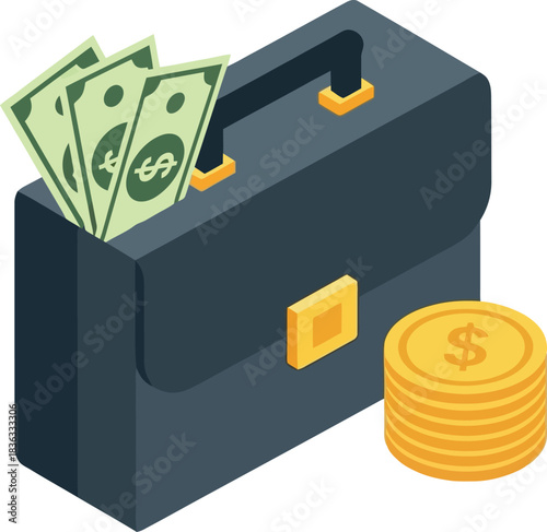 Isometric illustration of a briefcase overflowing with money and a stack of coins.