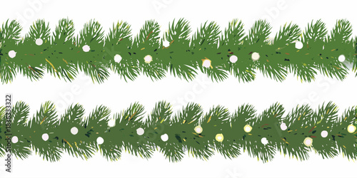Seamless decorative Christmas border with coniferous branches of colorful Christmas light with festive decoration.