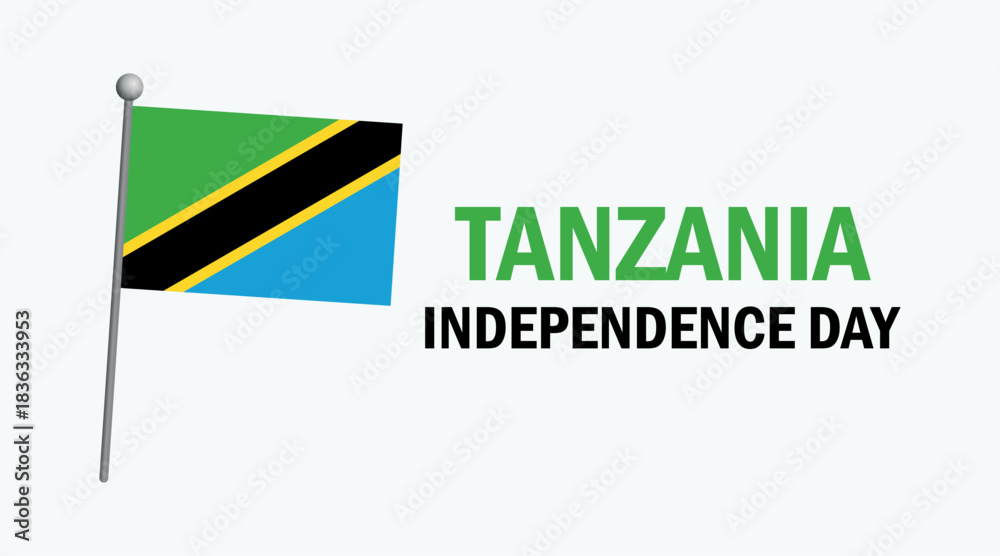 Fototapeta premium Tanzania Independence Day poster vector illustration. Tanzanian flag on a pole icon. Waving flag of Tanzania symbol. Template for background, banner, card. Important day