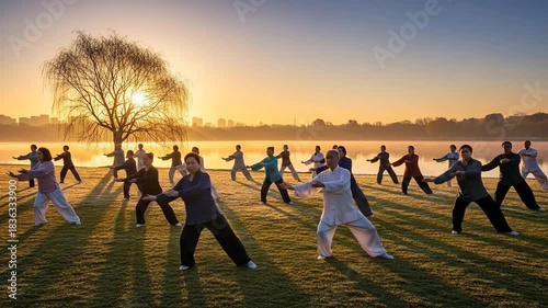 Wallpaper Mural Group Tai Chi Practice in Nature at Sunrise for Wellness. Torontodigital.ca
