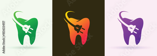Tooth electric plug swoosh logo dental care clinic technology modern energy icon
