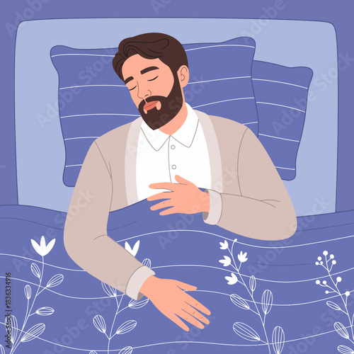 An illustration capturing the peacefulness of a young man sleeping soundly in a cozy bed, highlighting a sense of calm and tranquility in a soothing color palette.