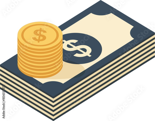 A stack of US dollar bills with a pile of gold coins on top, symbolizing wealth and financial transactions.