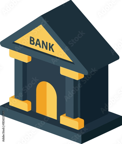 Isometric illustration of a bank building with a triangular roof and columns.