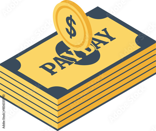 Conceptual illustration of payday with a dollar coin being deposited into a stack of cash.