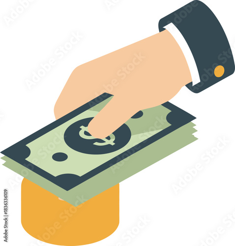 A hand in a suit jacket is giving a stack of US dollar bills, representing a transaction or payment.