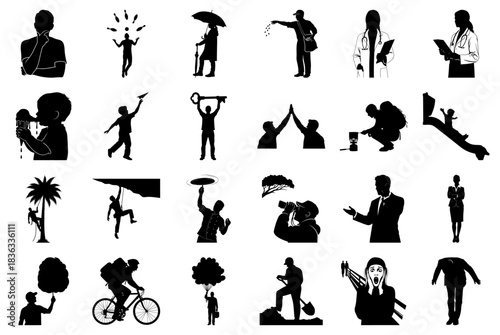 Diverse Silhouettes of People in Action and Pondering Keywords: silhouette, man, woman, child