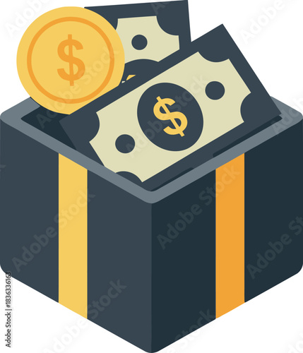 A dark grey box filled with dollar banknotes and a gold coin, symbolizing finance and savings.