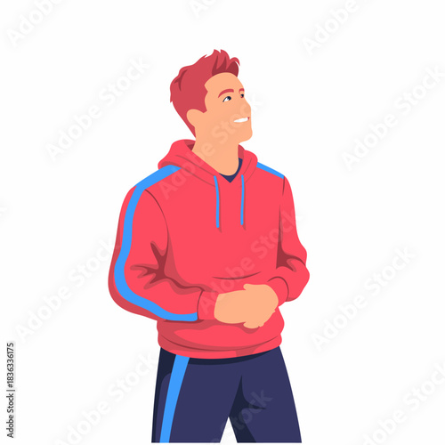 A young man dressed in a bright hoodie smiles happily, conveying positivity and joyful energy as he enjoys a moment of bliss and hope for the future.