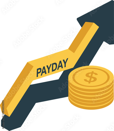 An upward trending arrow labeled 'PAYDAY' with a stack of gold coins, symbolizing financial growth and success.