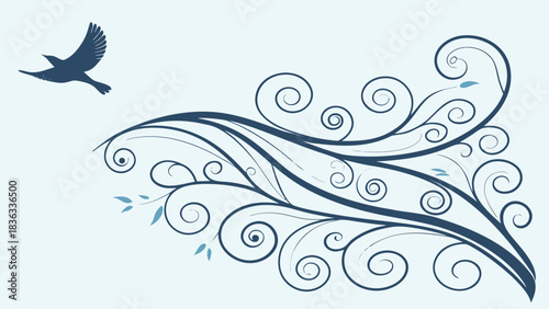 Minimalist Bird in Flight Following Swirling Wind Currents