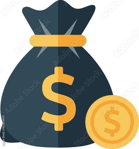 A detailed illustration of a money bag with a dollar sign and a gold coin, representing wealth.