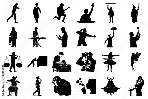 Silhouettes of People in Diverse Roles and Activities Keywords: silhouette, people, man, woman