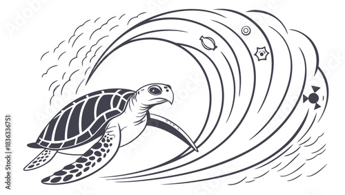 Minimalist Marine Life Illustration of a Sea Turtle and Cresting Wave