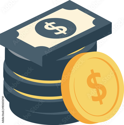 A stack of dollar bills and a gold coin representing finance and wealth.