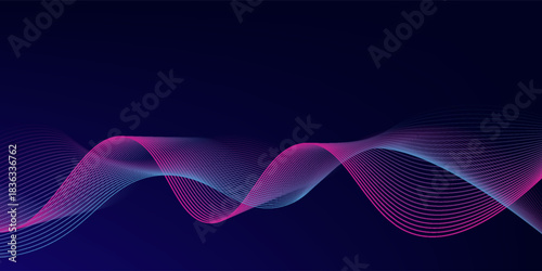 Abstract glowing wave lines on dark blue background. Dynamic wave pattern. Modern flowing wavy lines. Futuristic technology concept. Suit for banner, poster, cover, brochure, flyer, website