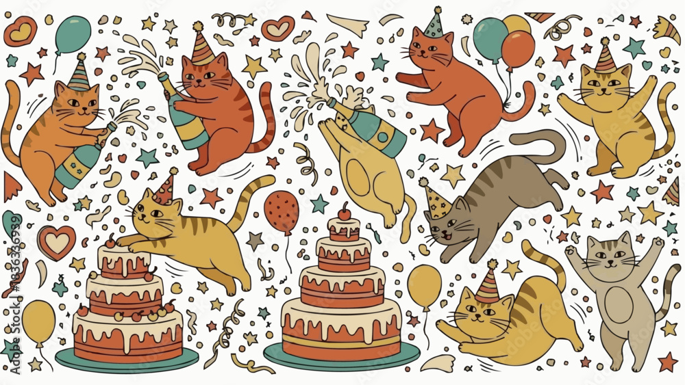 Obraz premium Cute Cats Celebrating Birthday Party with Cakes and Balloons.