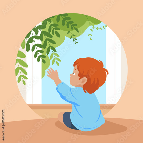 A heartwarming illustration of a young child playfully reaching for leaves by a window, capturing the innocence and curiosity of childhood.