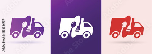 Delivery truck with spoon fork food logistics catering service restaurant takeaway brand icon
