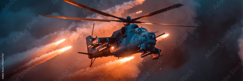 Obraz premium Military attack helicopter firing flares during combat operation