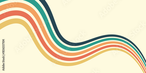 Abstract colorful 70s background vector. Vintage retro wallpaper with rainbow stripes and wavy lines. A 1970 color illustration suitable for posters, banners, decorative items and wall art.